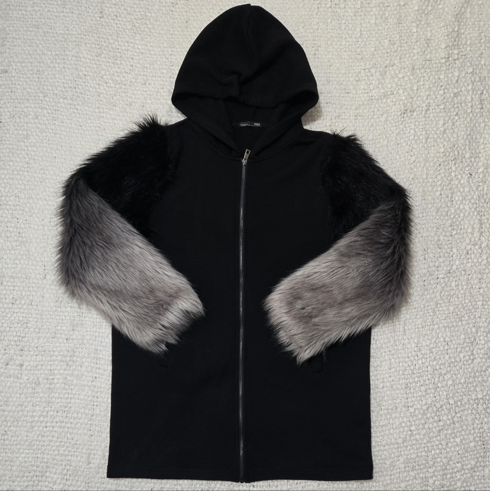 ZARA Black Zippered Hoodie Sweater Black Gray Ombre Faux Fur Sleeves Medium - Picture 8 of 15